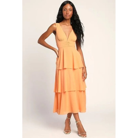 Lulus Dresses & Skirts - NEW Lulus Women‎ Midi Dress XS Orange Tiered Babydoll Party Day Event Wedding
